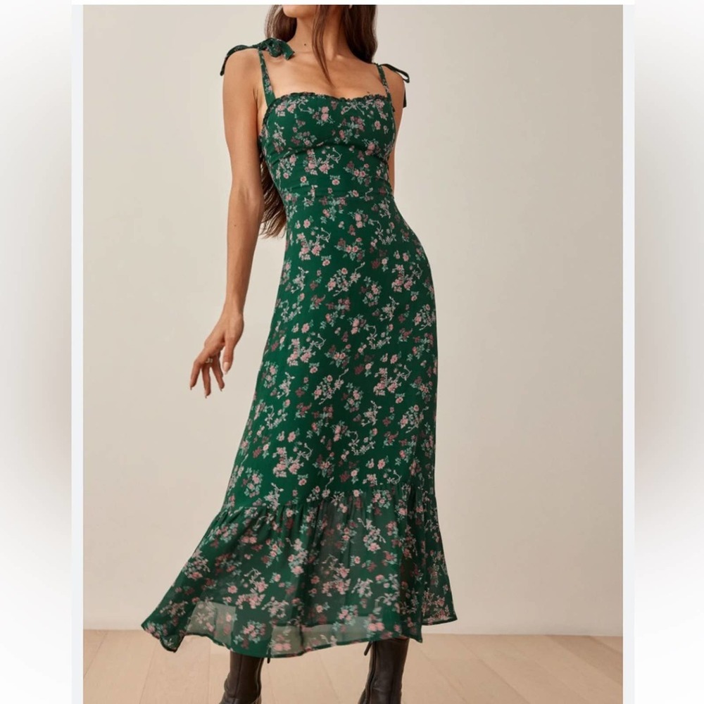 REFORMATION Green Floral Nikita Tie shoulder Midi Dress 2 XS #1084